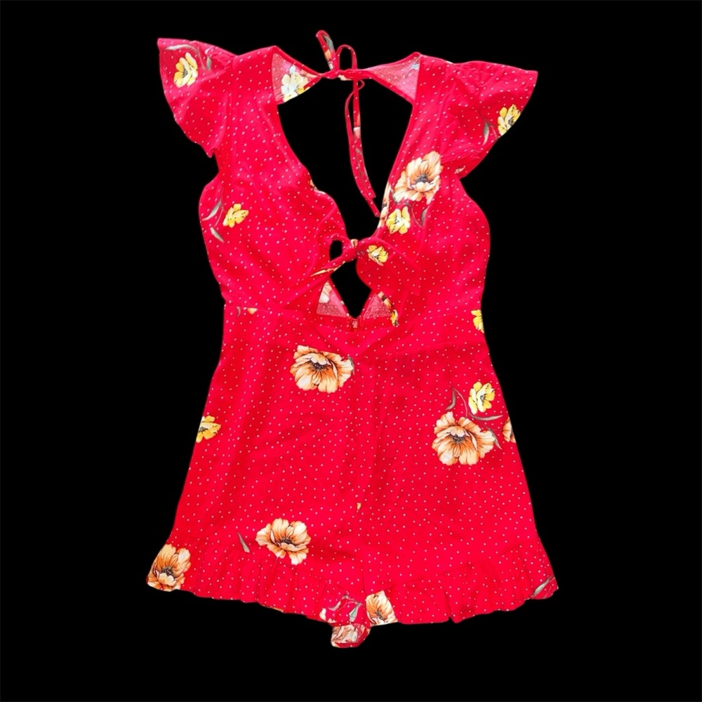 Red Floral Ruffle Romper - Picture 3 of 5
